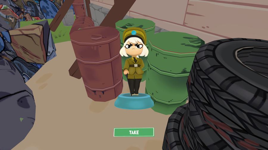 Finding a collectible officer figurine standing between barrels with a TAKE prompt